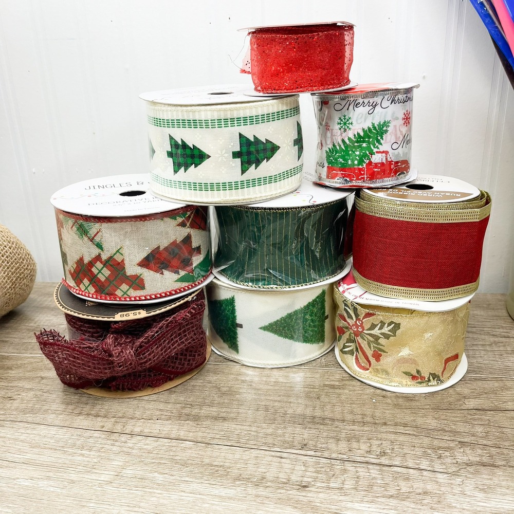 Christmas Decorative Ribbon Lot 8 Spools Jingles & Joy Plaid Tree Red